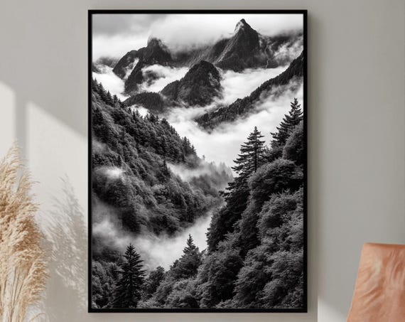 Forest Mountains Print Foggy Mountain Landscape Large Wall Art Green Forest Landscape Print Nature Picture