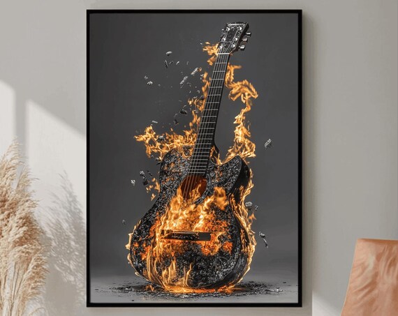 Acoustic Guitar in Flames Dark Background Dramatic Music Poster