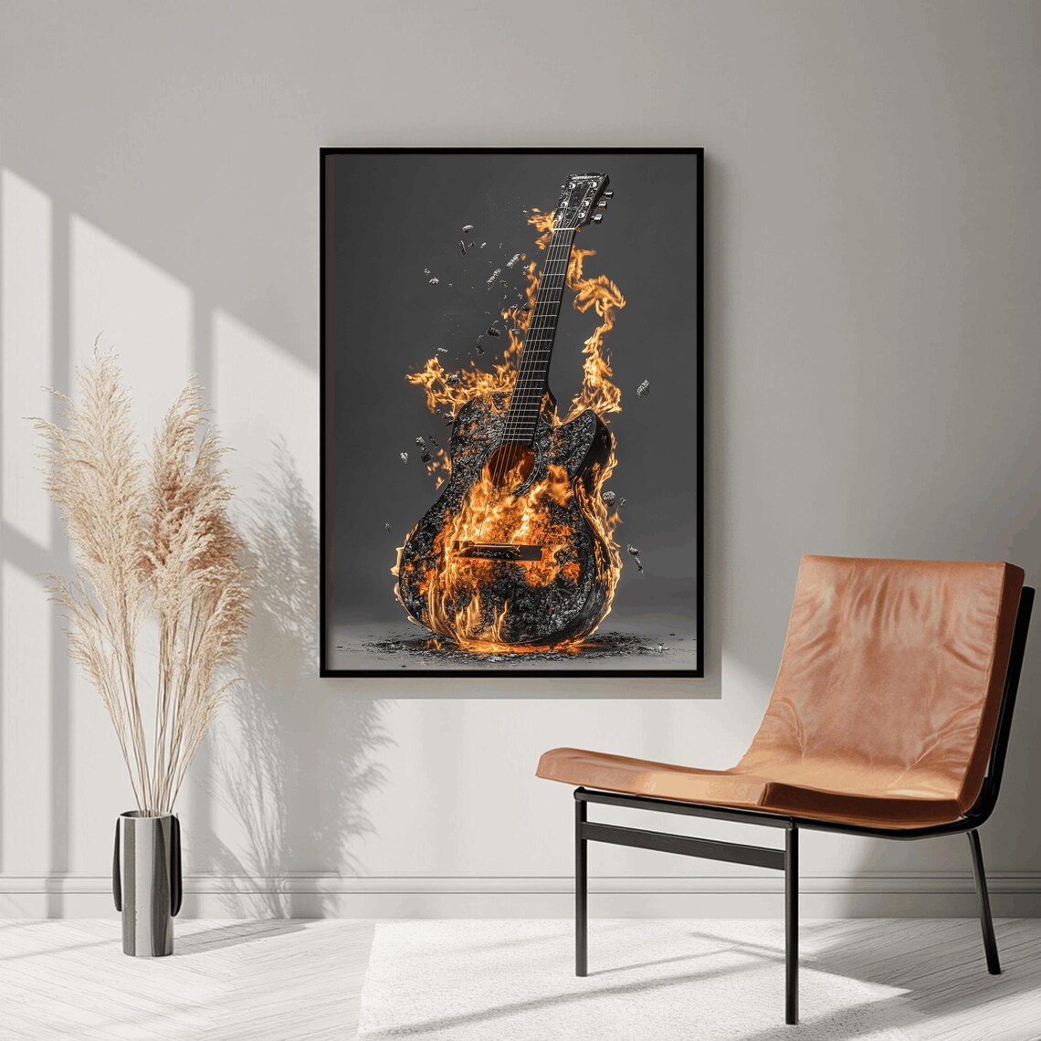 Acoustic Guitar in Flames Dark Background Dramatic Music Poster - Image 3