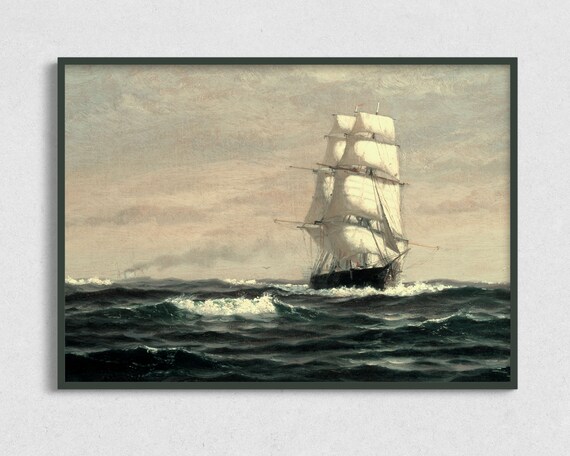 Square Rigged Sailing Ship Full Sails Dark Ocean Vintage Nautical Art Poster