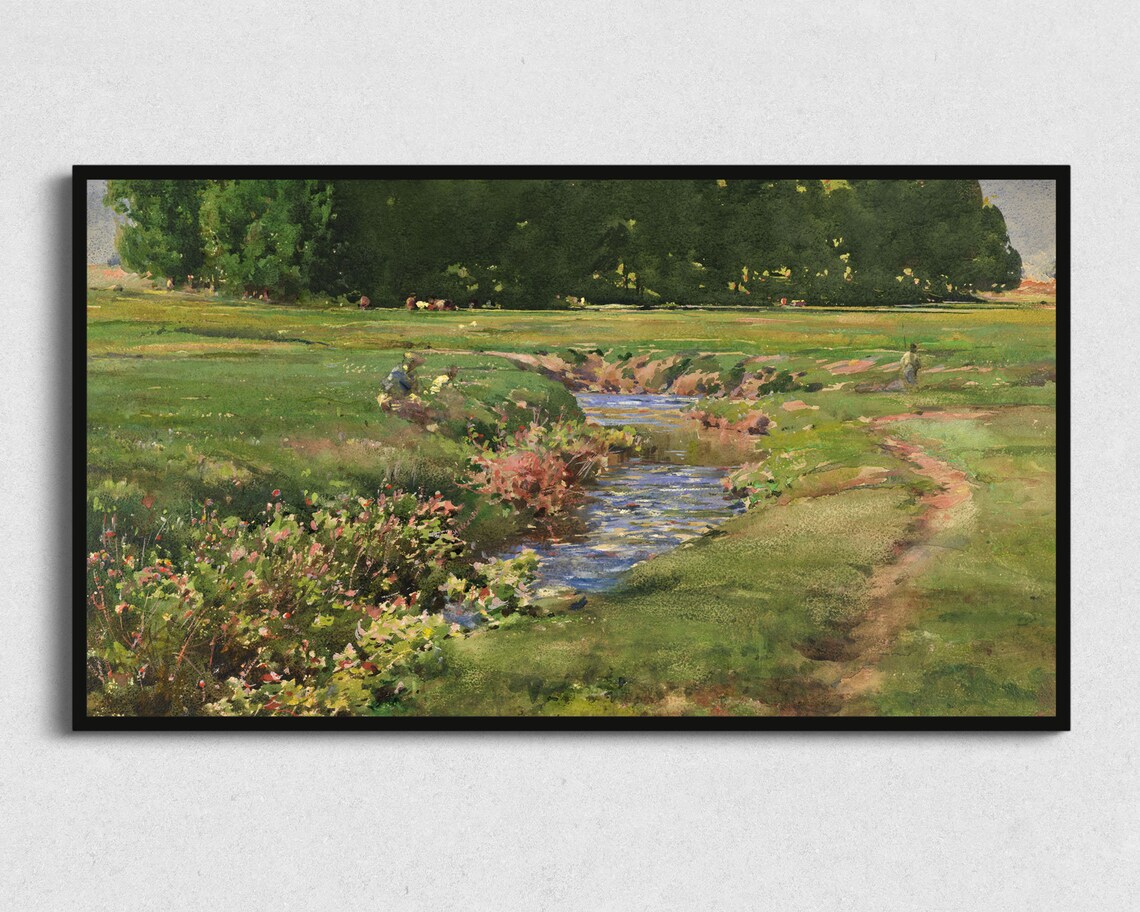 Winding Stream Meadow Wildflowers Panoramic Landscape Painting Poster