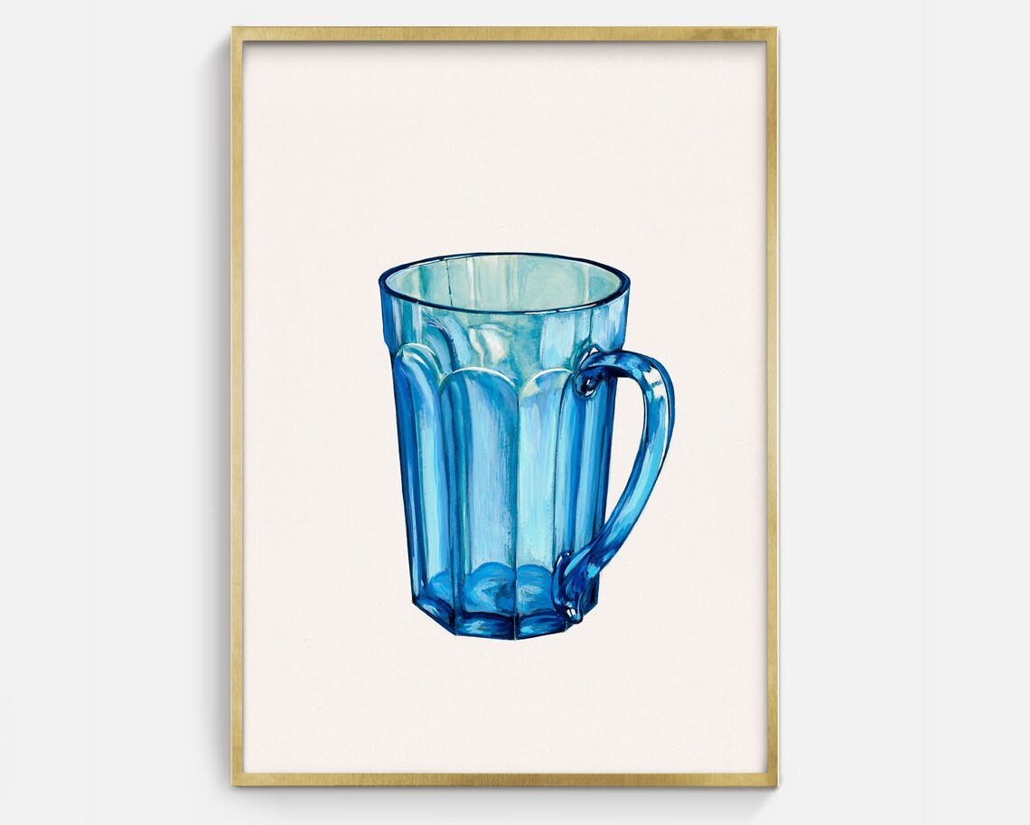 Vintage Blue Drinking Glass Sketch, Antique Art Print