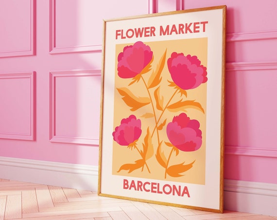 Flower Market Barcelona Print Art Pink Orange Floral Wall Art Cute Trendy Wall Art