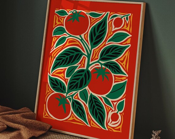 Tomato Poster Tomato Wall Art Kitchen Poster Dining Room Decor Airbnb Wall Art Linocut Wall Art Vintage Red Print Retro Tomatos Print