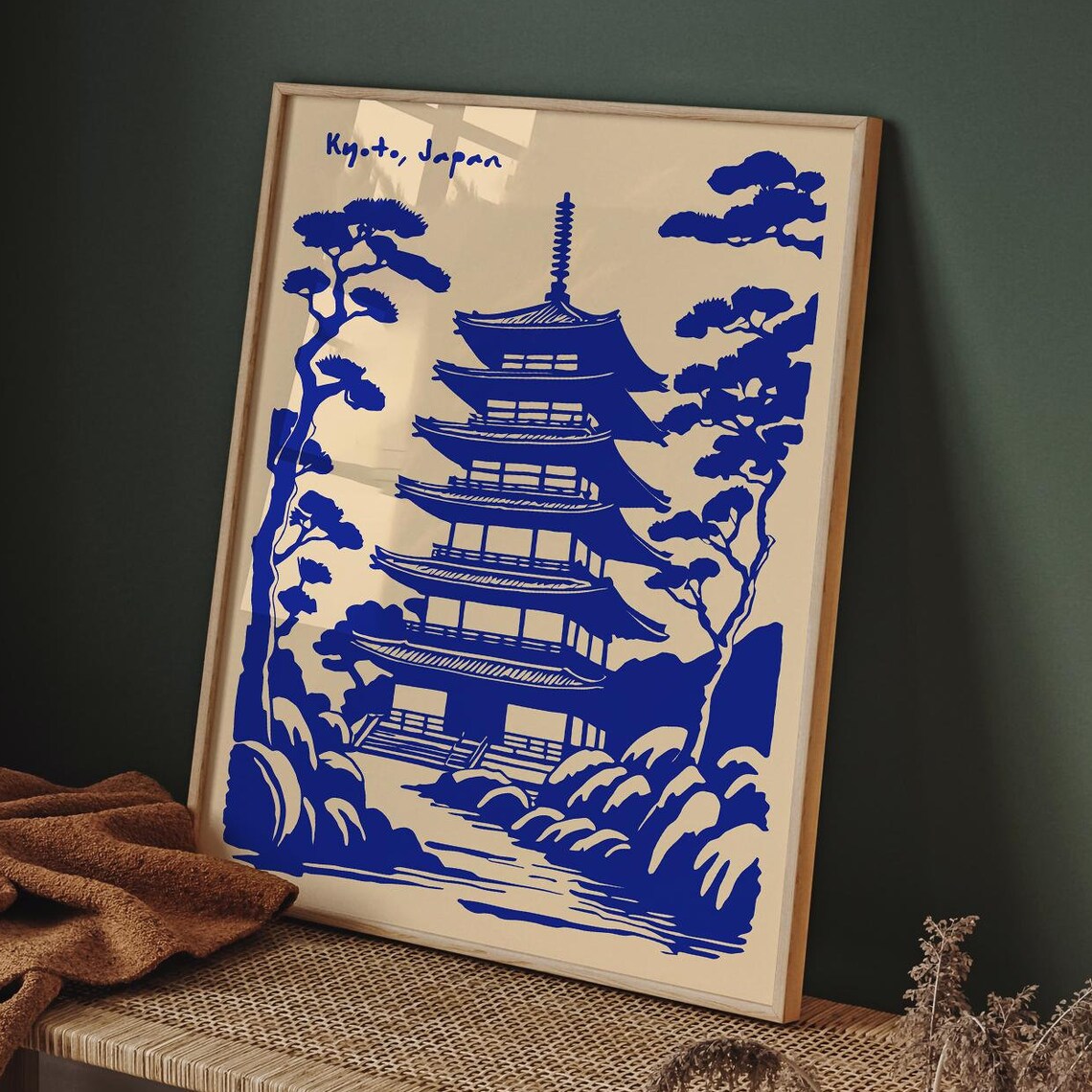Kyoto Japan Blue Five-Story Pagoda Temple Zen Travel Art Poster