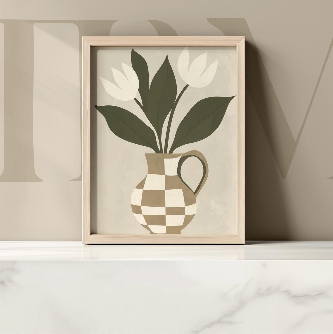 White Tulips in Checkered Vase Minimalist Botanical Art Poster - Image 4