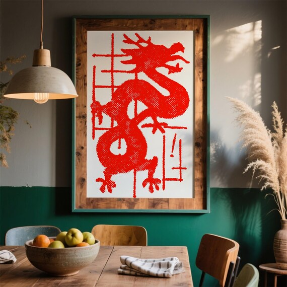 Dynamic Red Dragon Art Print Japanese Style Asian Mythology Wall Decor Modern Abstract Poster Vibrant Home Gift