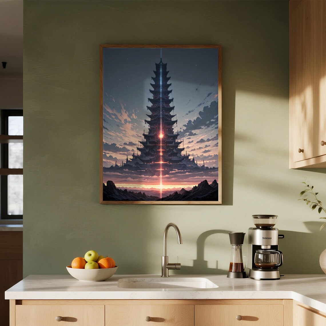 Ascendant Fantasy Pagoda Tower Glowing Beam Sunset Asian Art Poster