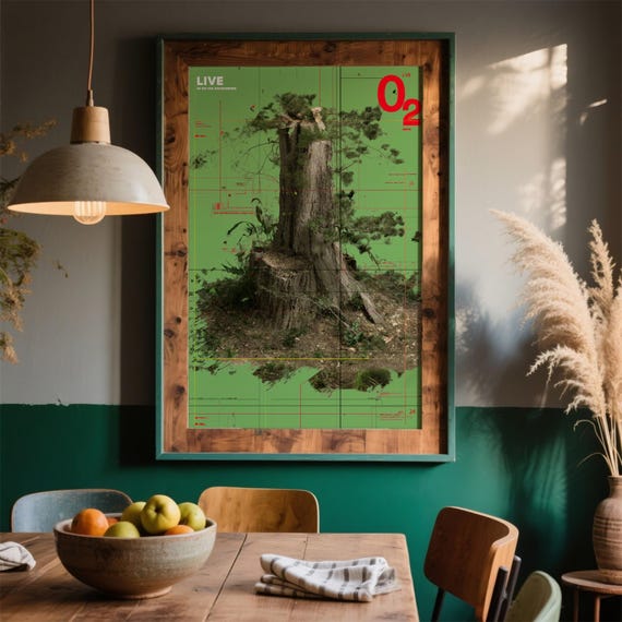 O2 Brand Poster Concept Nature Reclaims Urban Space Tree Stump Regrowth Modern Graphic Design Environmental Awareness Art
