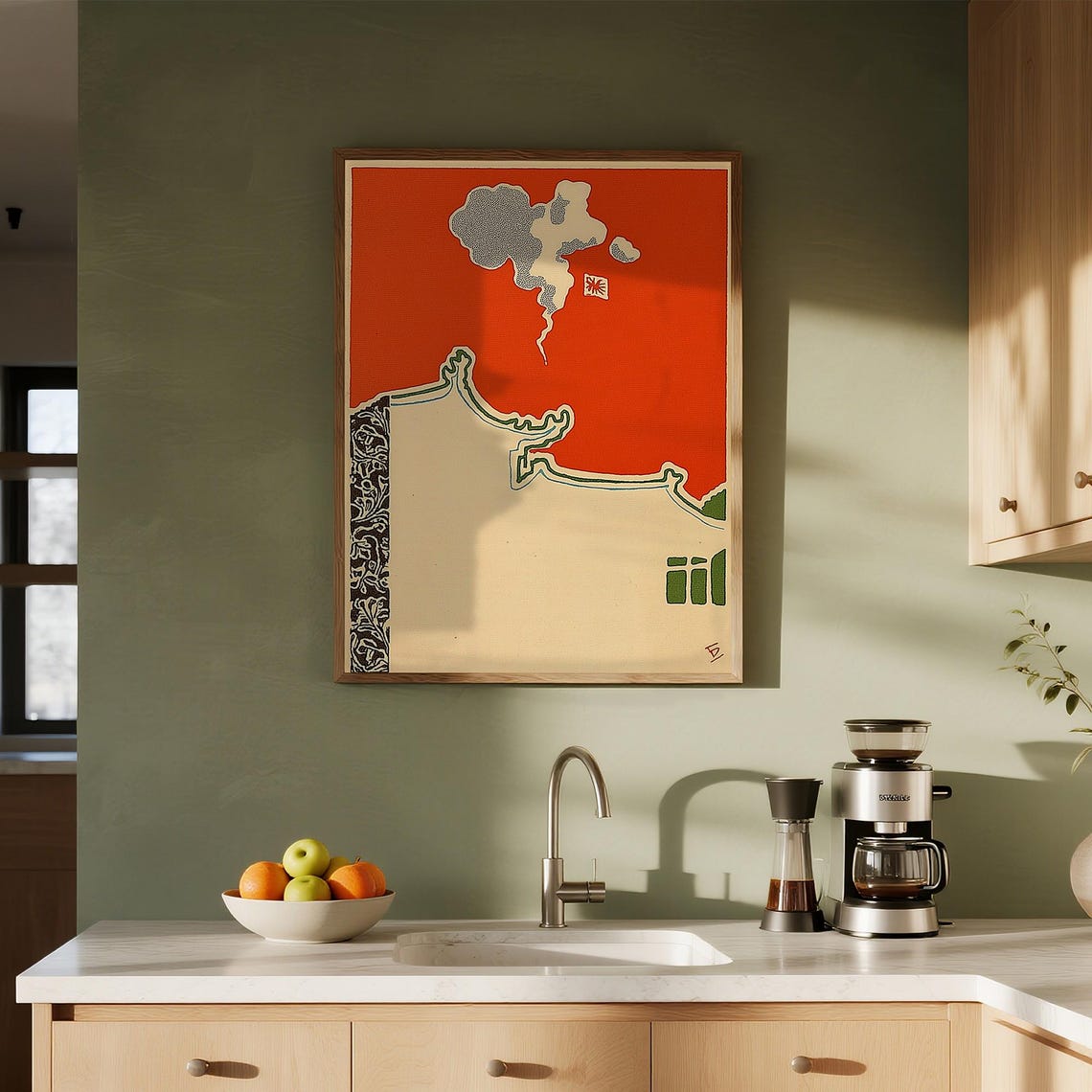 Crimson Horizon Japanese Pagoda Roof Red Sky Abstract Art Poster