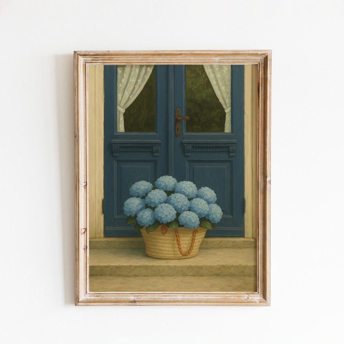 Blue Door With Basket Of Blue Hydrangeas Vintage Floral Art Poster