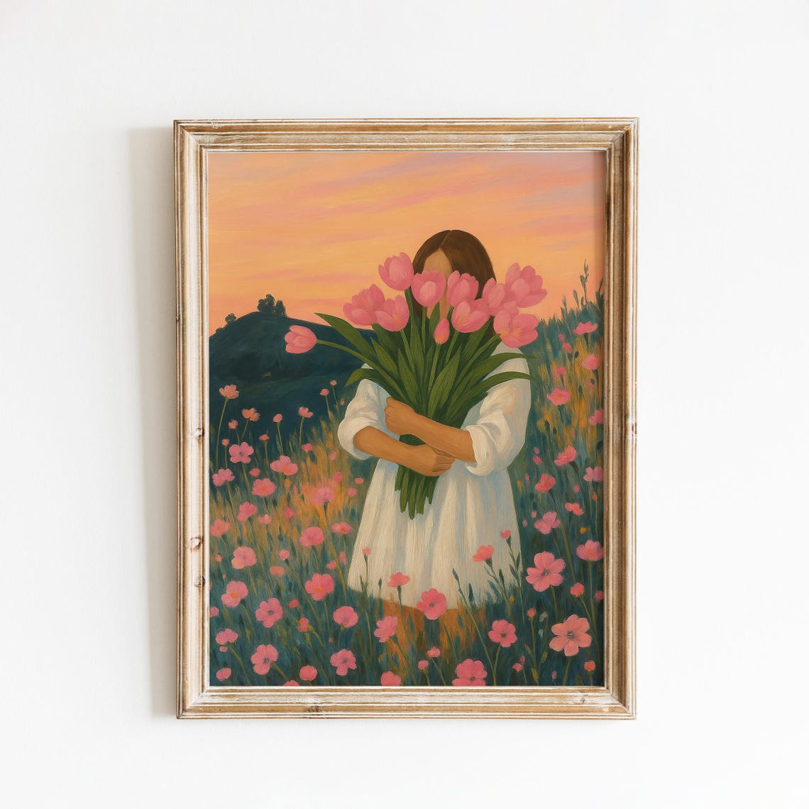 Girl with Pink Tulips at Sunset Floral Field Romantic Wall Art