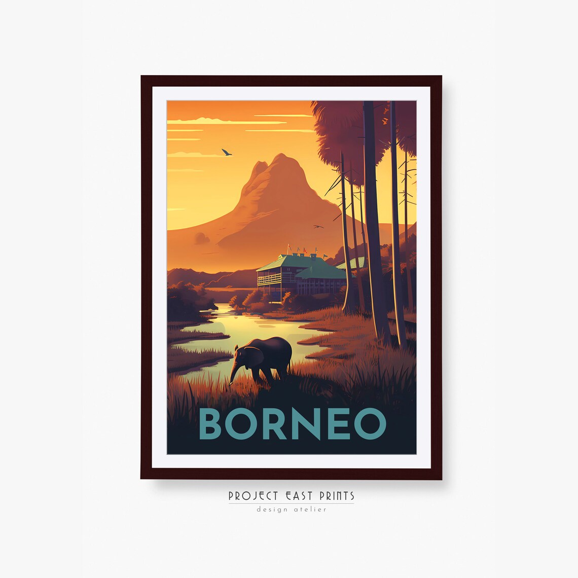 Borneo Jungle River Elephant Golden Sunset Safari Travel Poster