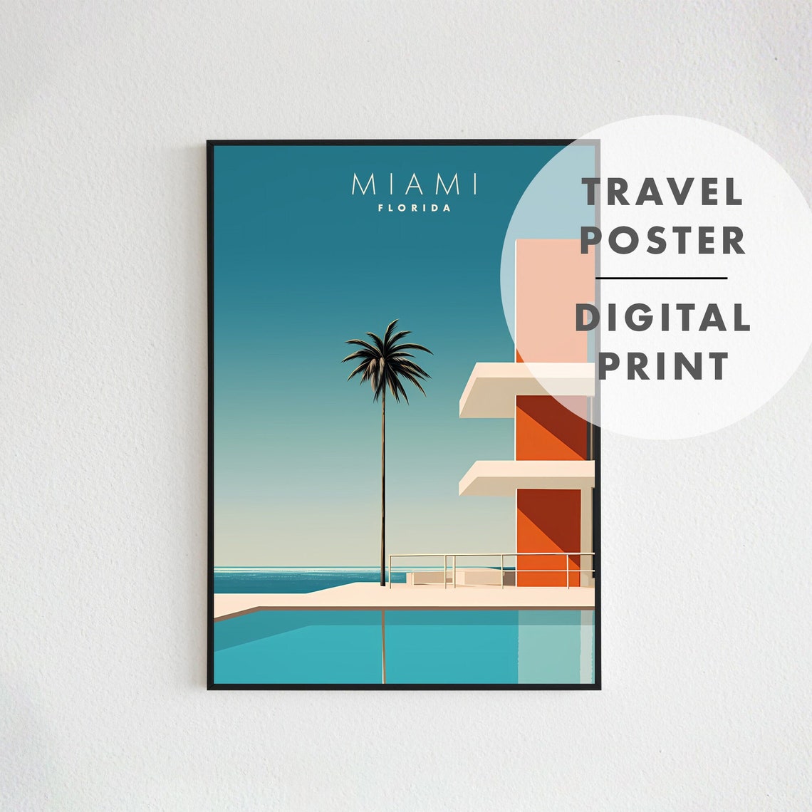Miami Florida Art Deco Poolside Palm Minimalist Travel Poster - Image 2