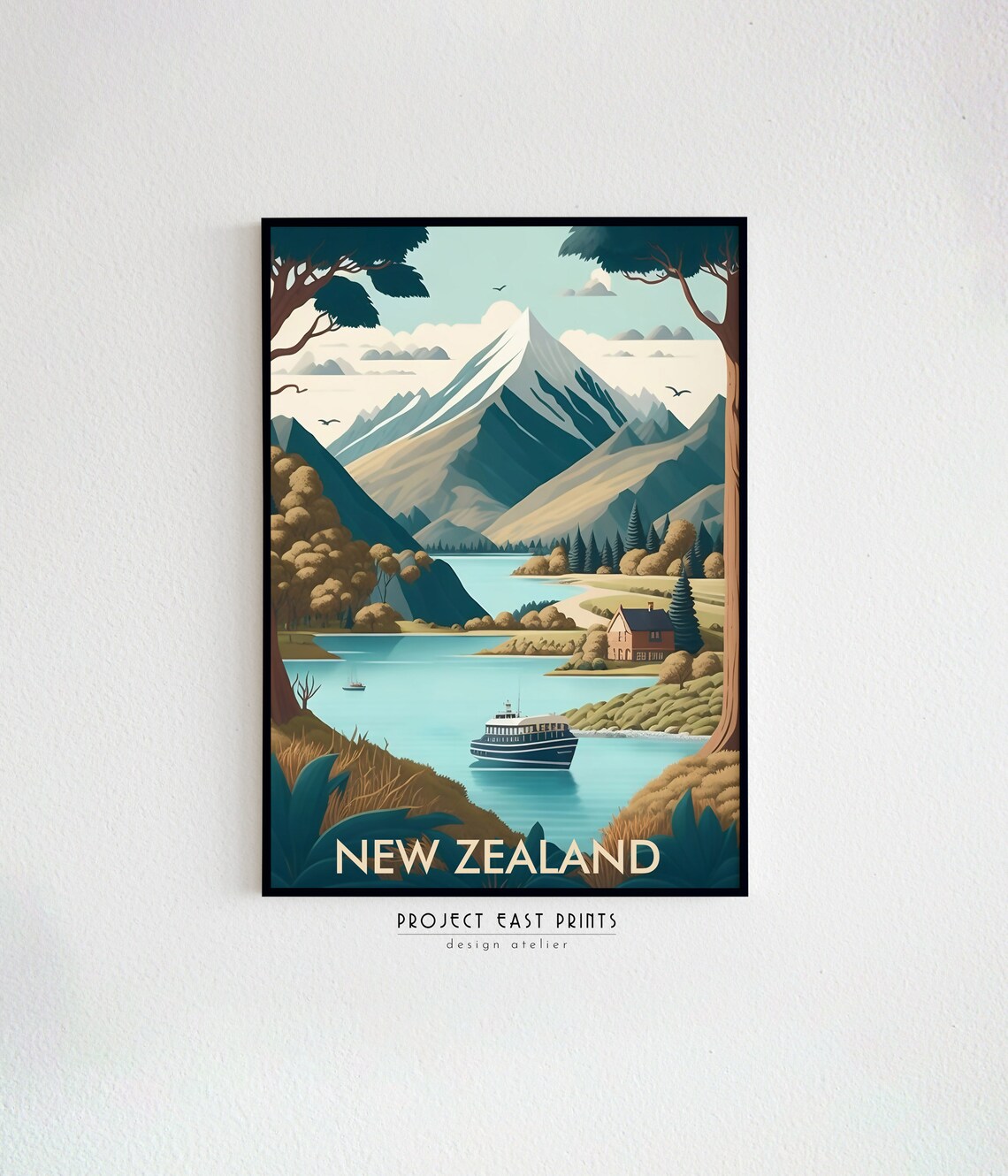 New Zealand Lake Steamer Fjord Retro Travel Poster Mountain View - Image 2