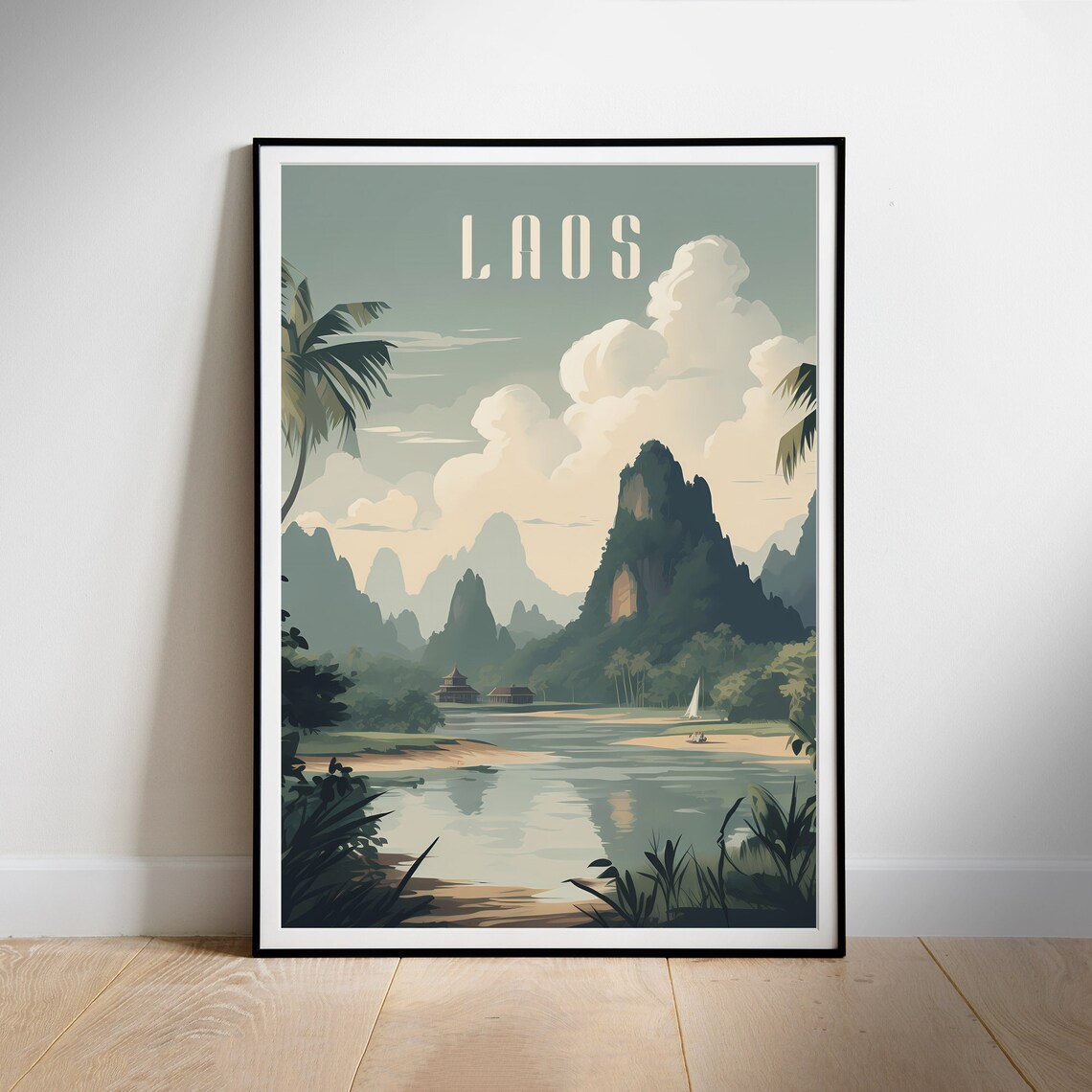 Laos Misty Karst Mountains River Village Muted Retro Travel Poster