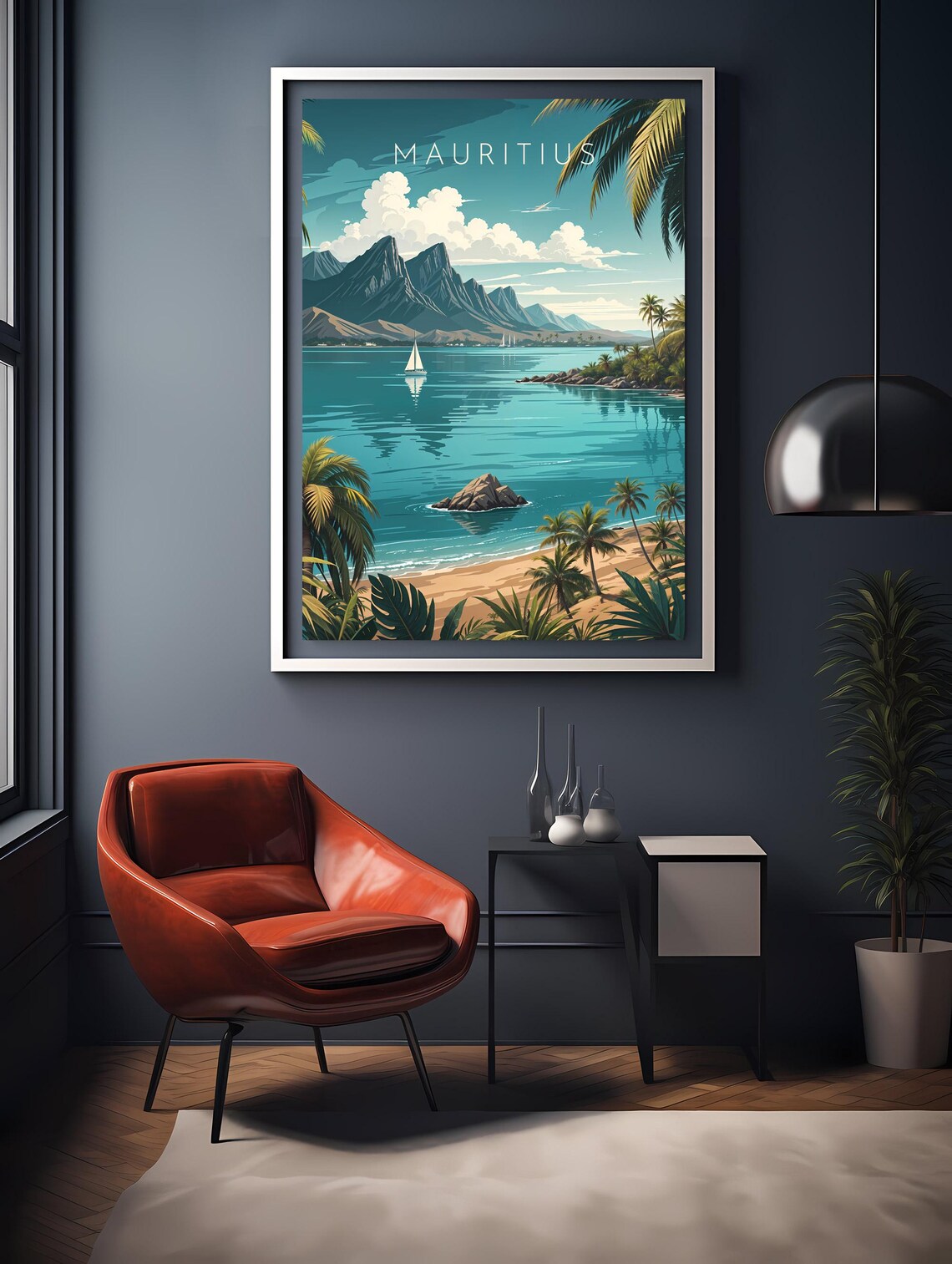 Mauritius Beach Lagoon Sailboat Palm Trees Tropical Island Poster - Image 2