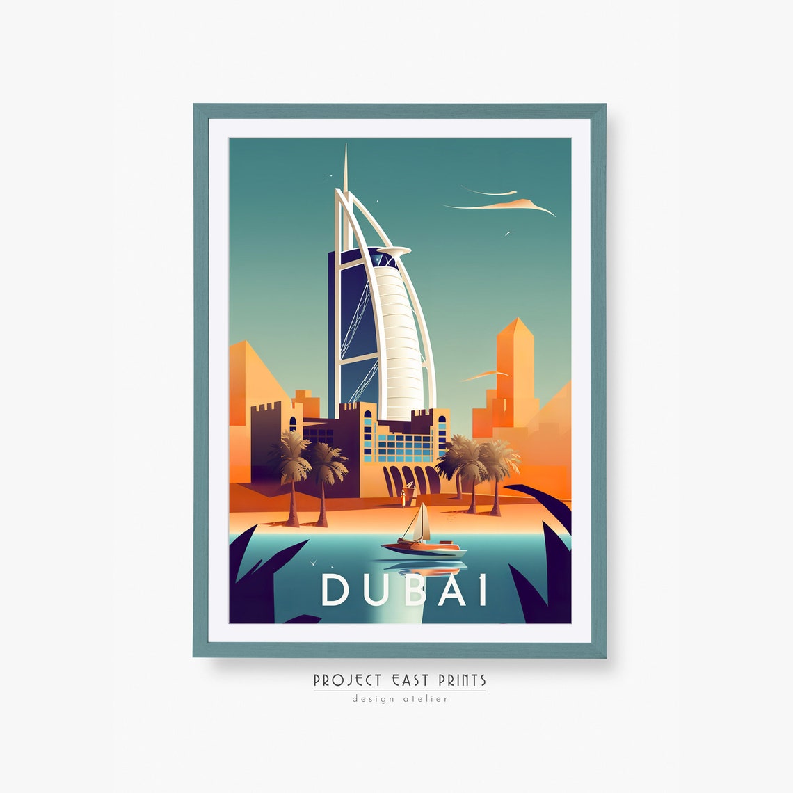 Dubai Burj Al Arab Retro Travel Poster With Beach And Sailing Boat - Image 2