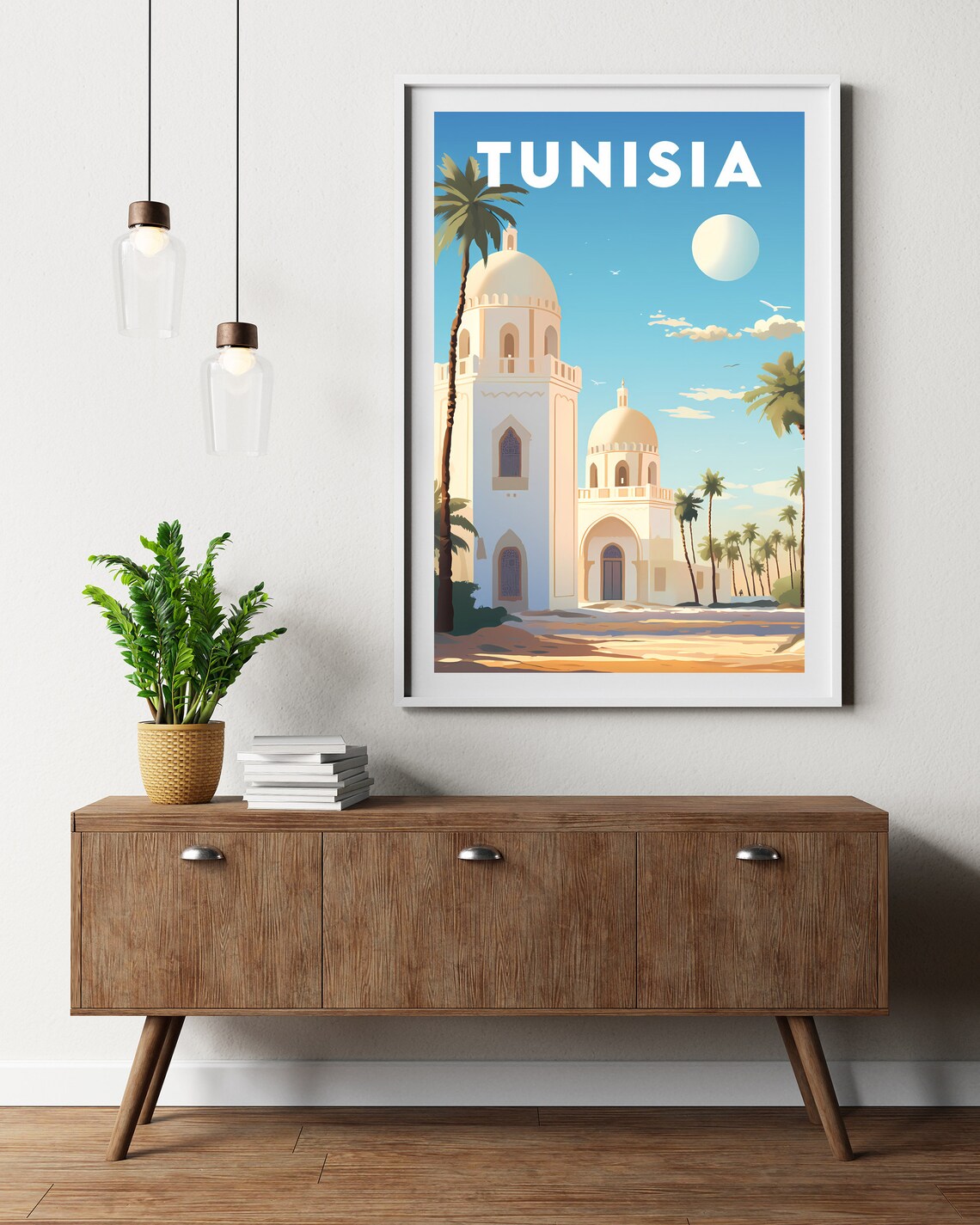 Tunisia White Dome Mausoleum Oasis Palms Retro Travel Poster - Image 2