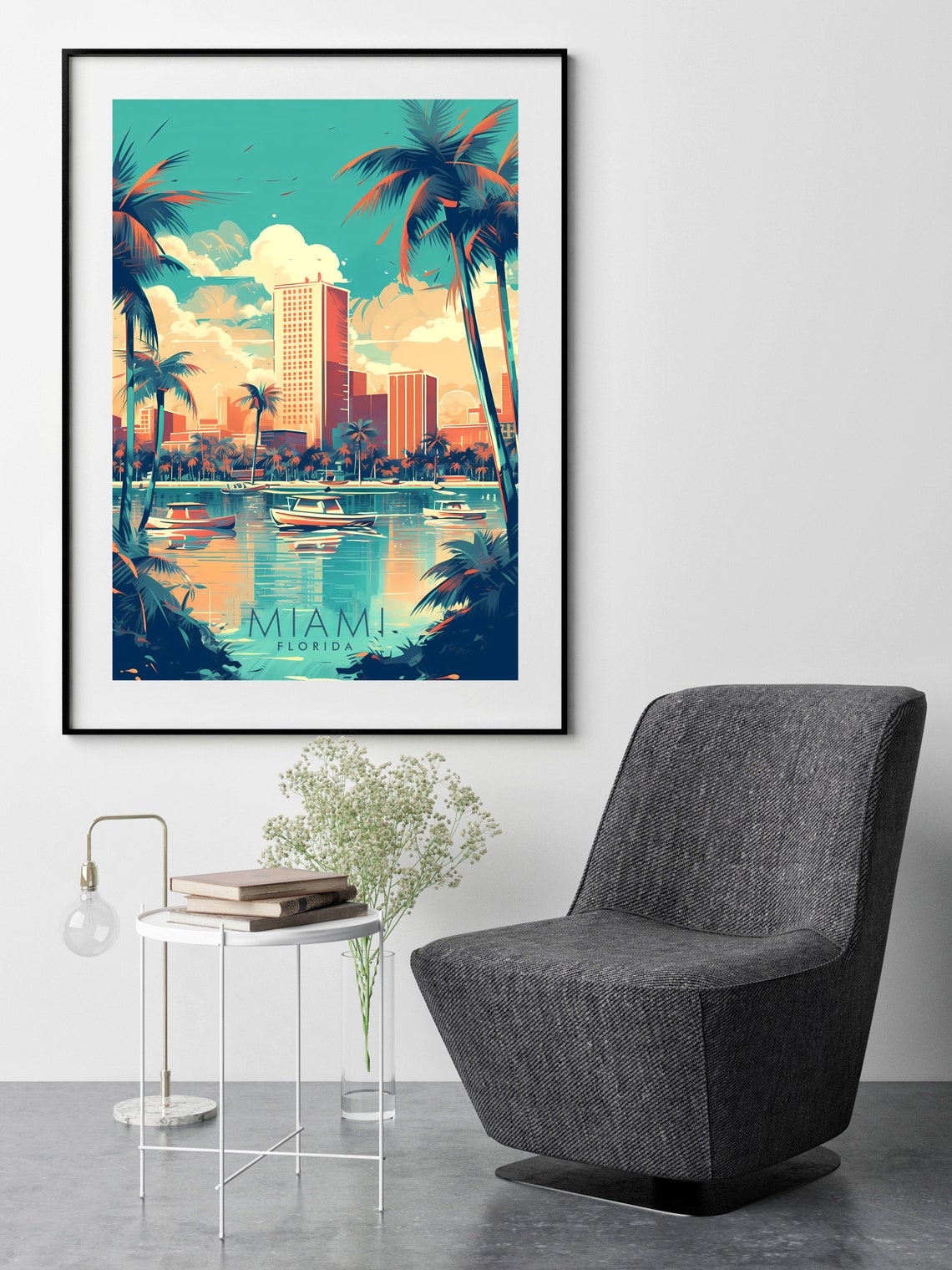 Miami Waterfront Palm Marina Downtown Skyline Tropical Travel Poster - Image 2