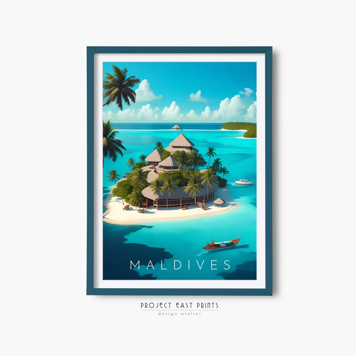 Maldives Tropical Island Overwater Huts Turquoise Ocean Travel Poster
