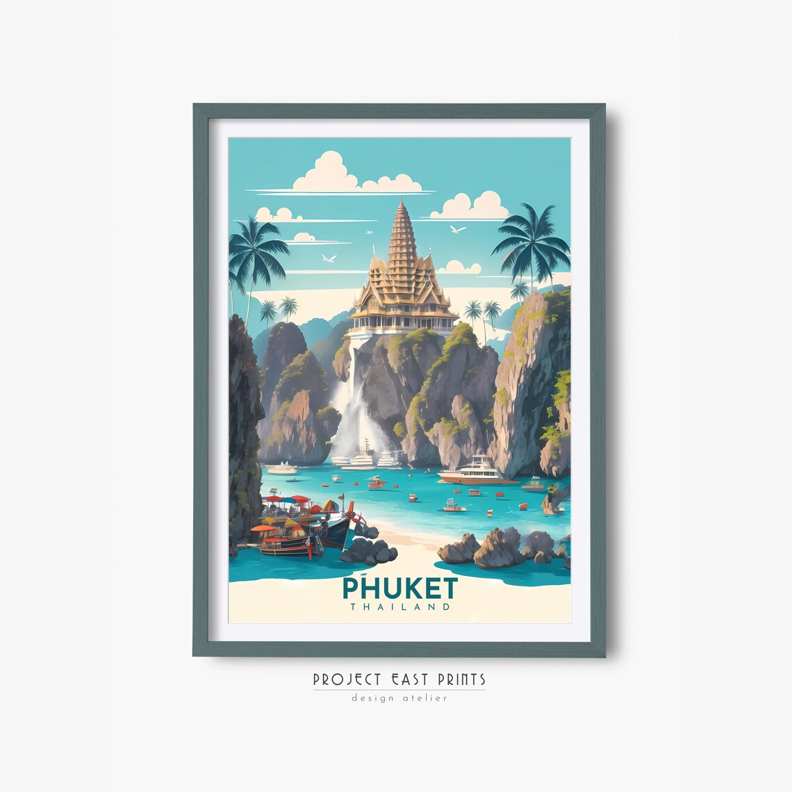 Phuket Thailand Temple Cliffs Beach Retro Tropical Travel Art Poster