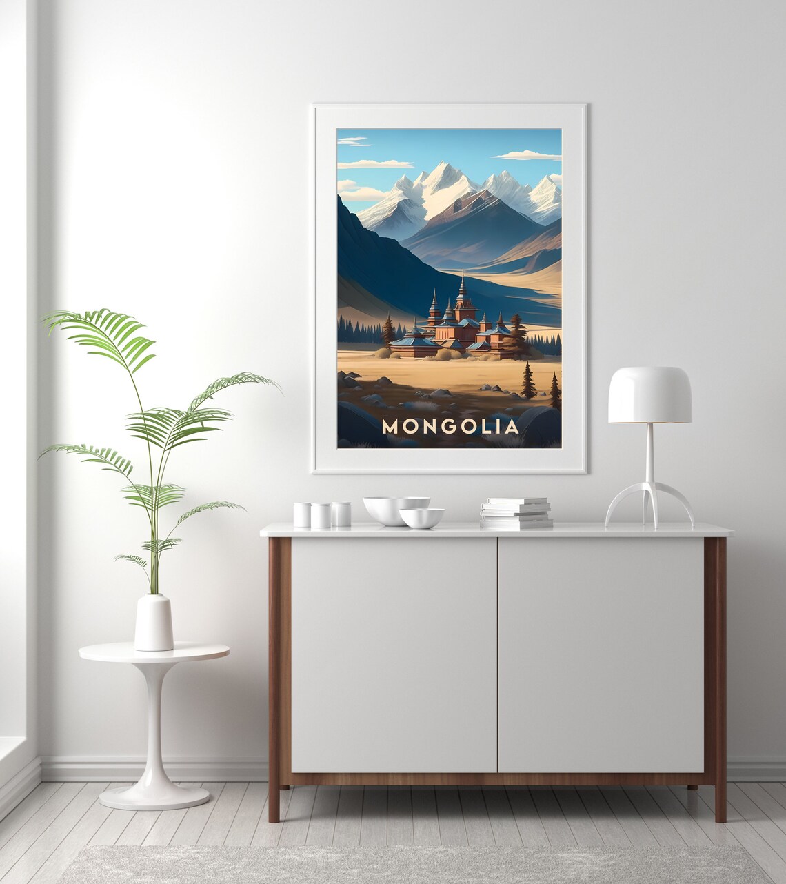Mongolia Temple Snowy Mountains Retro Travel Landscape Poster - Image 2