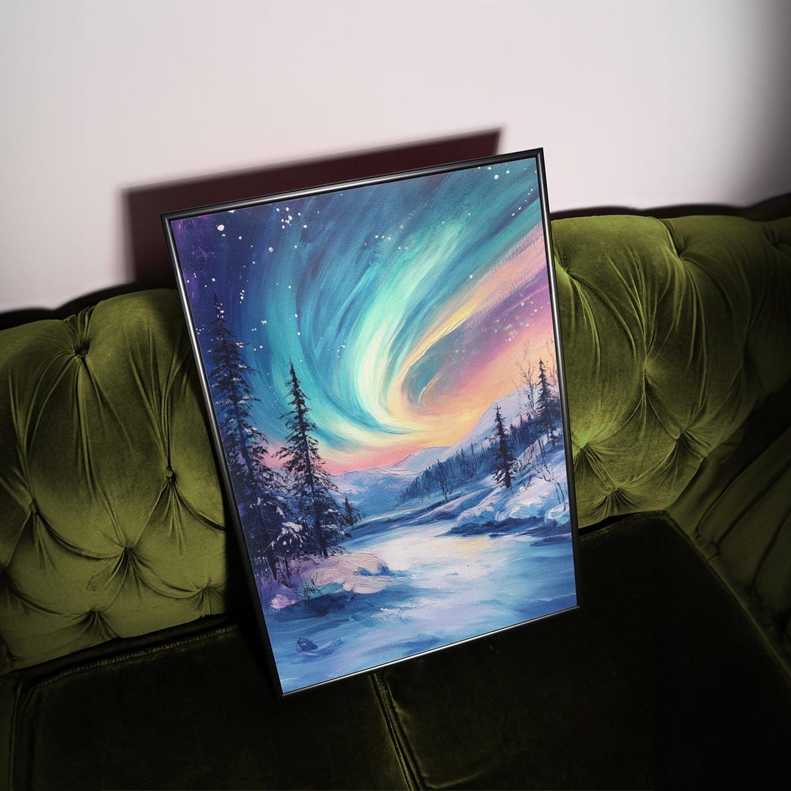 Northern Lights Aurora Over Snowy River Painterly Style Art Print - Image 4