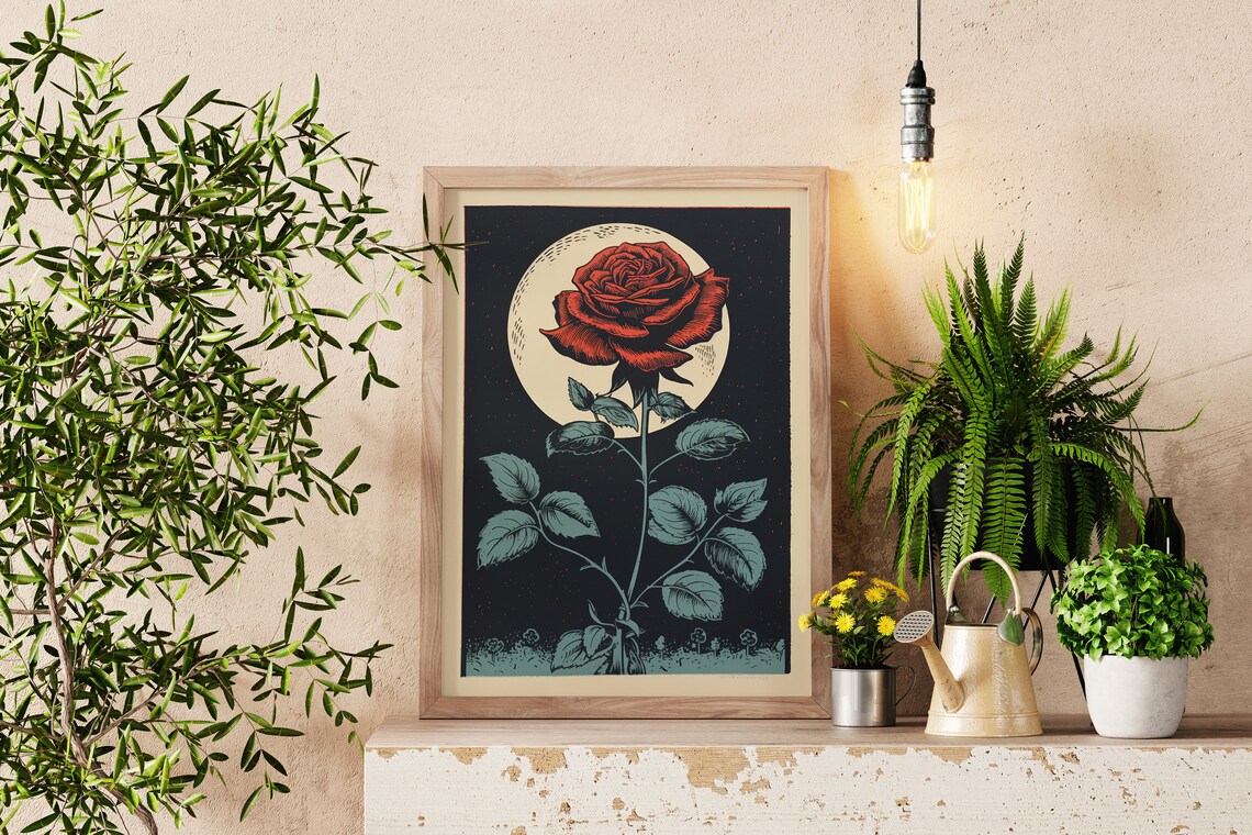 Moon And A Single Rose Vintage Block Print Art - Image 2