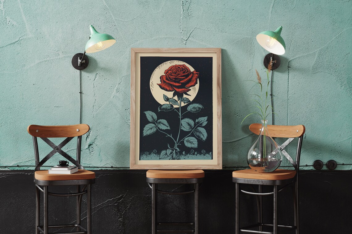 Moon And A Single Rose Vintage Block Print Art - Image 3