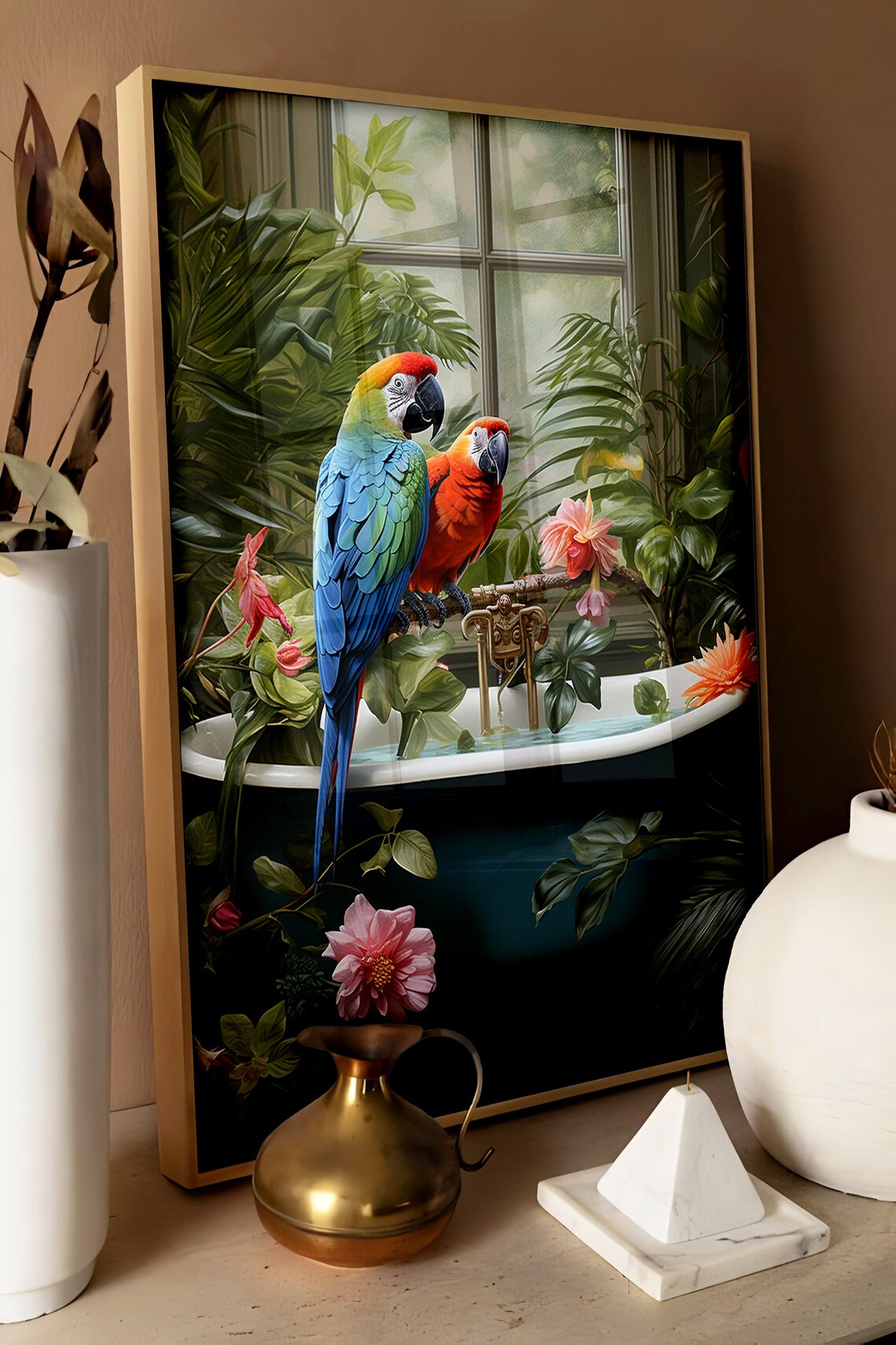 Parrot in Jungle Bathroom Art Print, Retro Botanical - Image 3