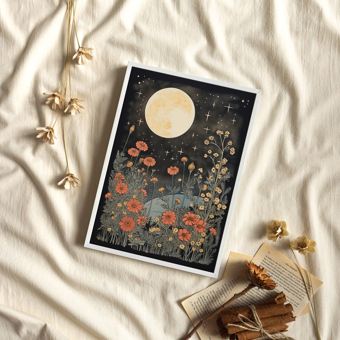 Moon and Flowers Vintage Block Print Art Print - Image 3