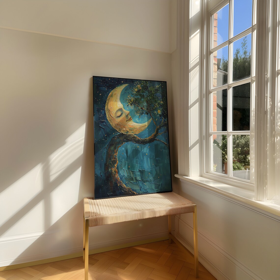 Moon Resting On Tree Branch, Celestial Bedroom Art Print - Image 3