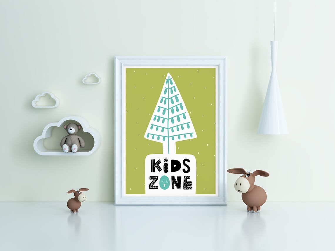 Kids Zone Stylized White Tree Nursery Poster Green Scandi Baby Room Art - Image 3