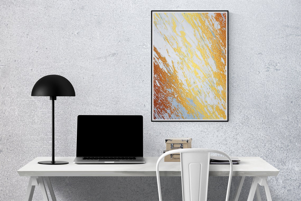 White Marble Gold Copper Diagonal Brushstroke Glam Abstract Poster - Image 2