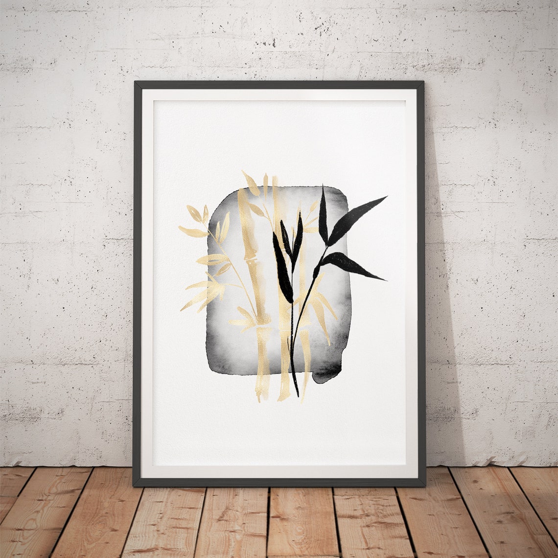 Golden Bamboo Stalks on Gray Ink Wash Japanese Botanical Poster