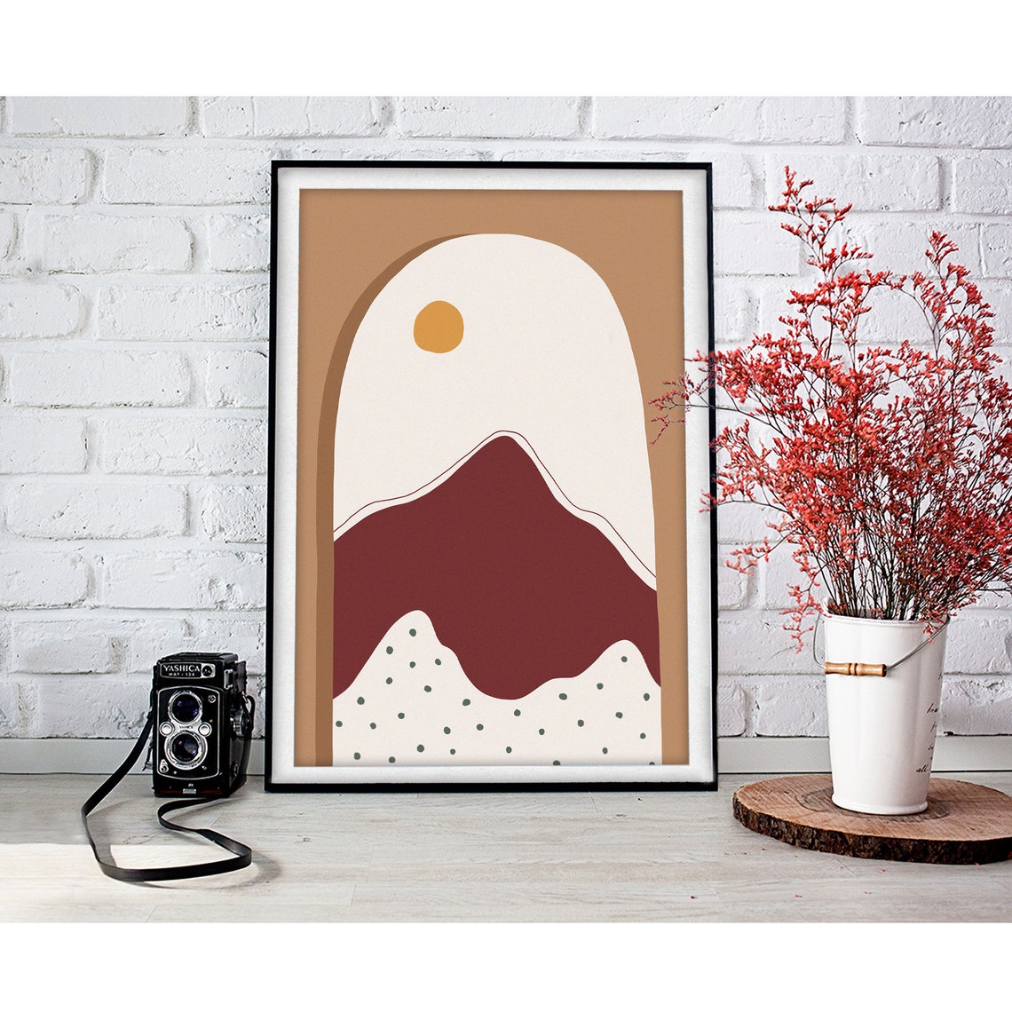 Mustard Sun Over Burgundy Peak White Arch Modern Mountain Poster - Image 2
