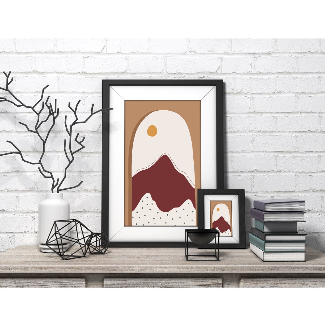 Mustard Sun Over Burgundy Peak White Arch Modern Mountain Poster - Image 3