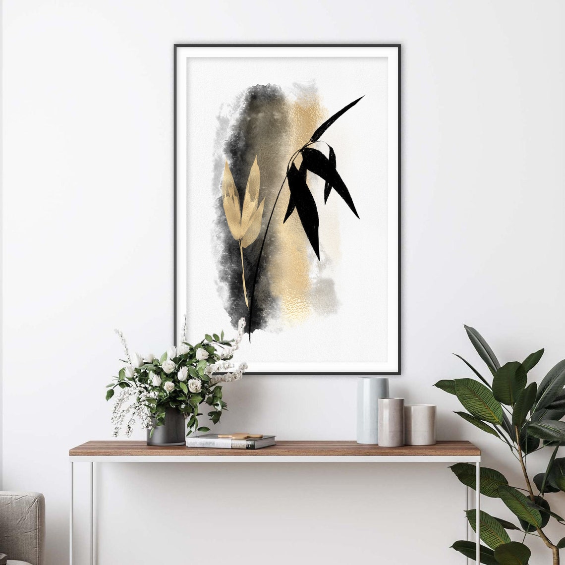 Black Bamboo Stem with Gold Buds Minimalist Japanese Art Poster - Image 2