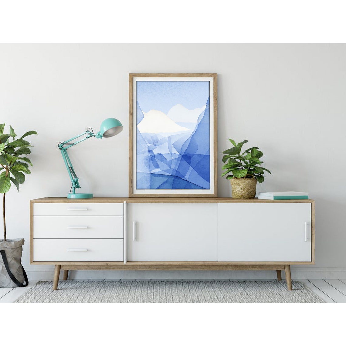 Blue Abstract Watercolor Mountain Layers Minimalist Art Poster - Image 3