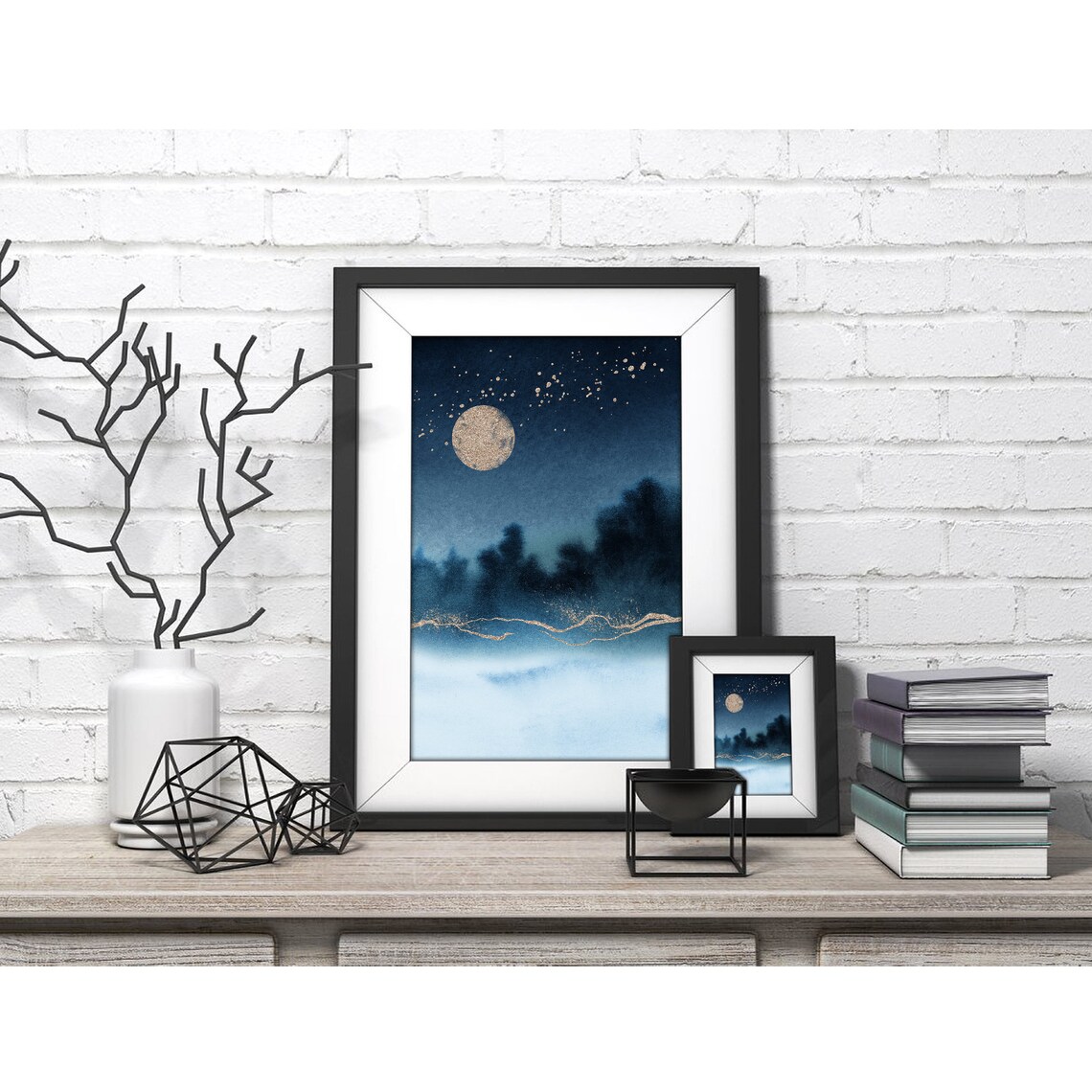 Golden Moon Over Misty Lake Night Watercolor Landscape Poster - Image 4