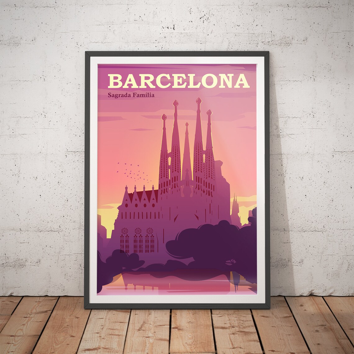 Barcelona Spain Sagrada Familia Pink Sunset Retro Travel Poster