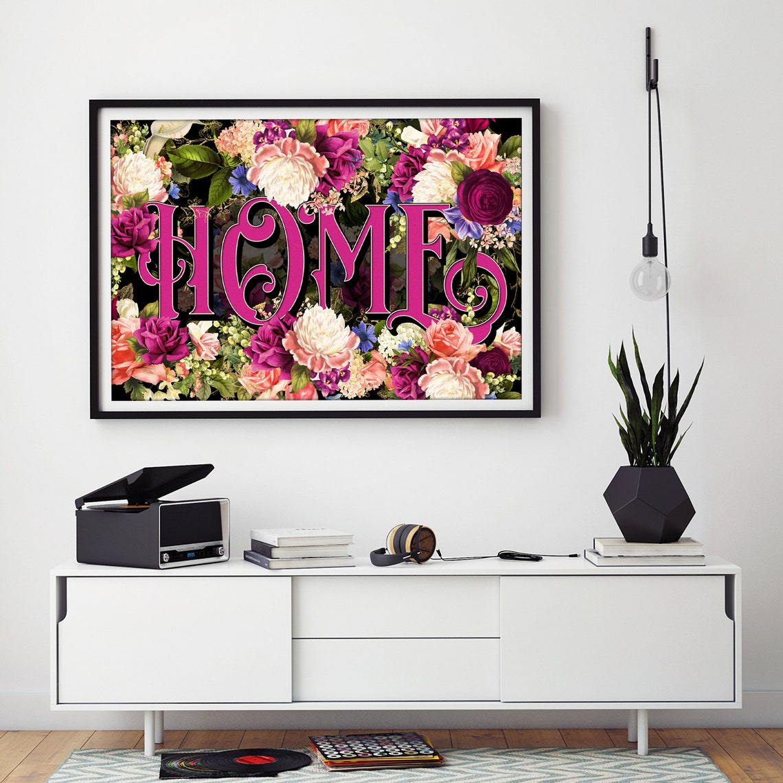 Home Pink Lettering Over Lush Floral Bouquet Decorative Poster - Image 2