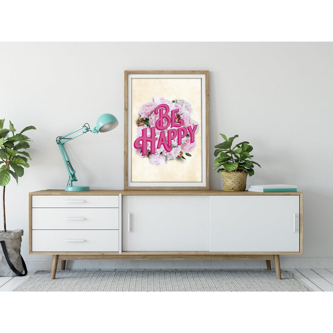 Be Happy Pink Lettering Over Blush Peony Bouquet Quote Art Poster - Image 2