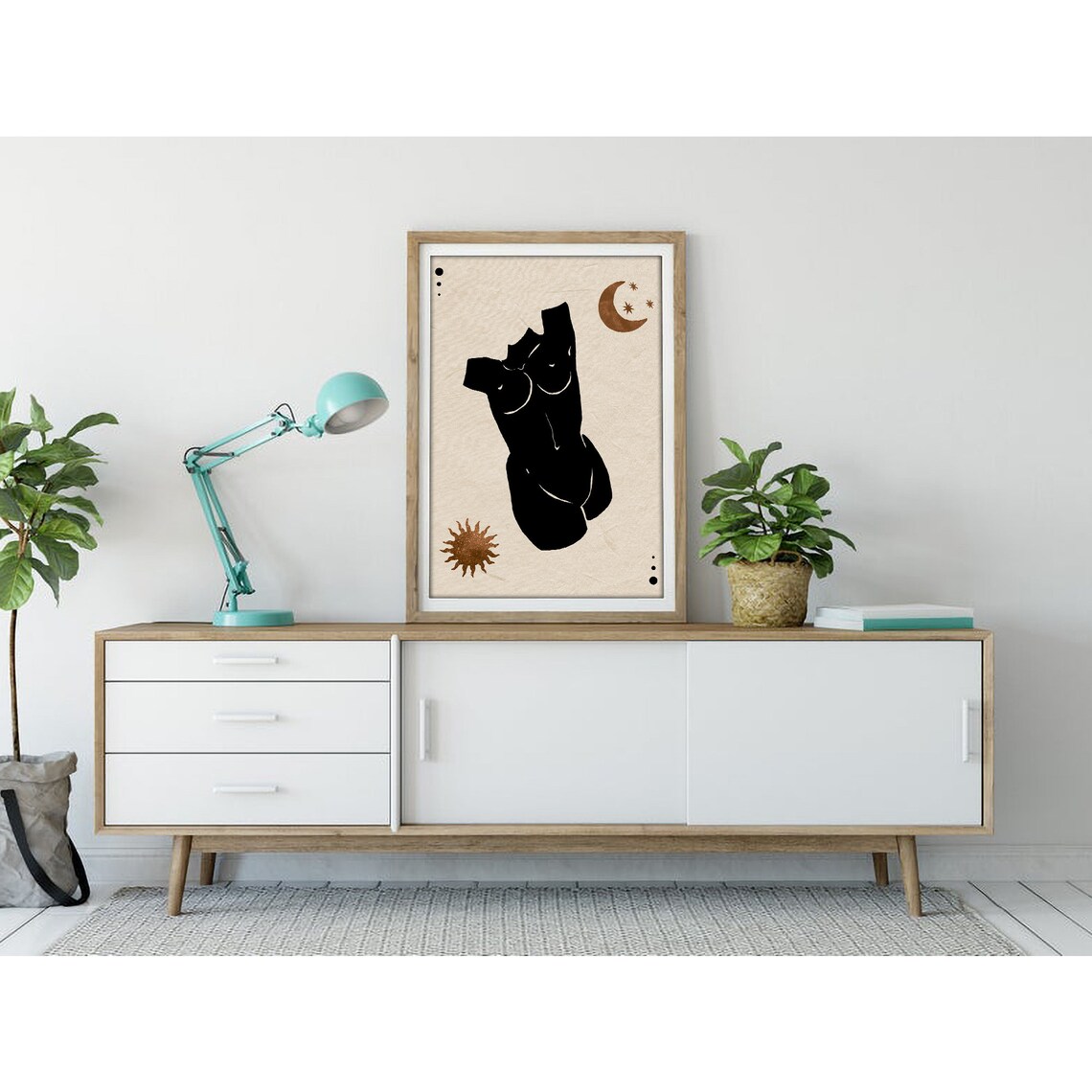 Black Female Torso Silhouette Gold Sun Moon Poster for Modern Home Decor - Image 3