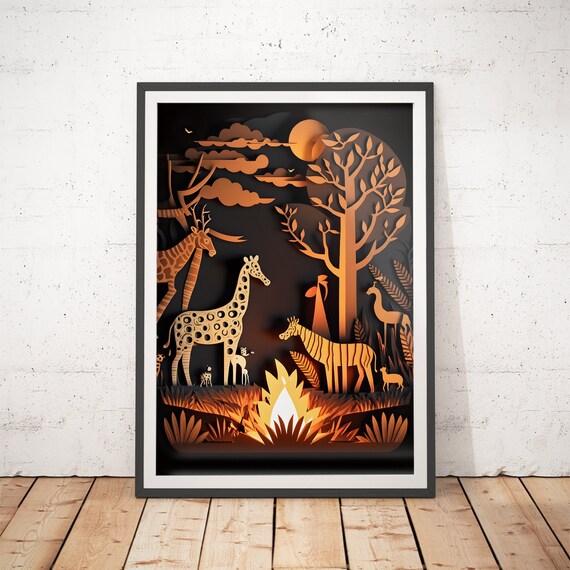 Giraffe Print Safari Nursery Paper Cut Art Childrens Room Prints Infant Posters Kids Room Wall Art Nursery Posters Cute Prints