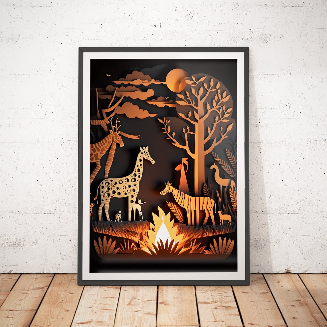 Giraffe Safari Golden Sunset Glowing Paper Cut Nursery Poster