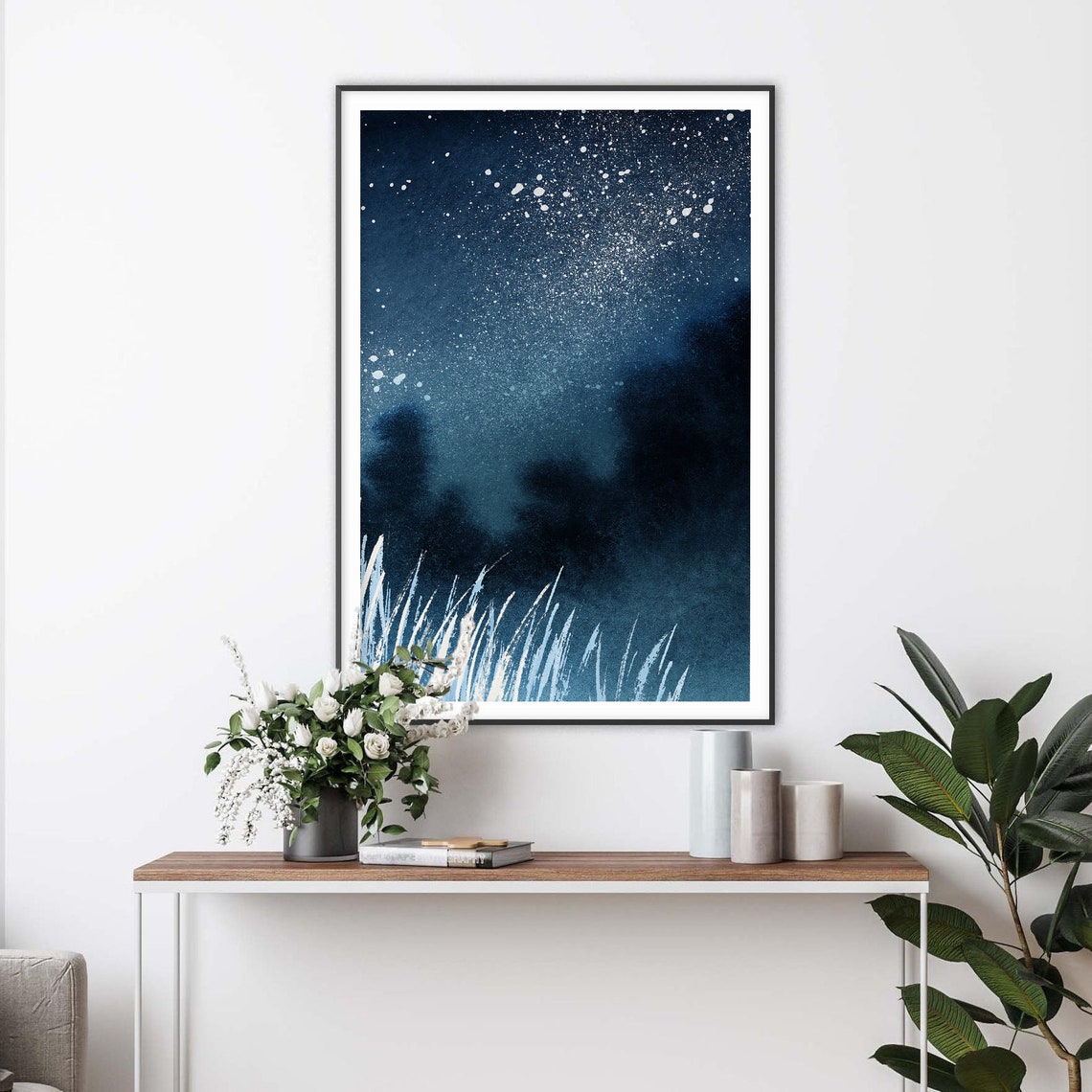 Starry Night Sky With White Wild Grass Watercolor Art Poster - Image 2