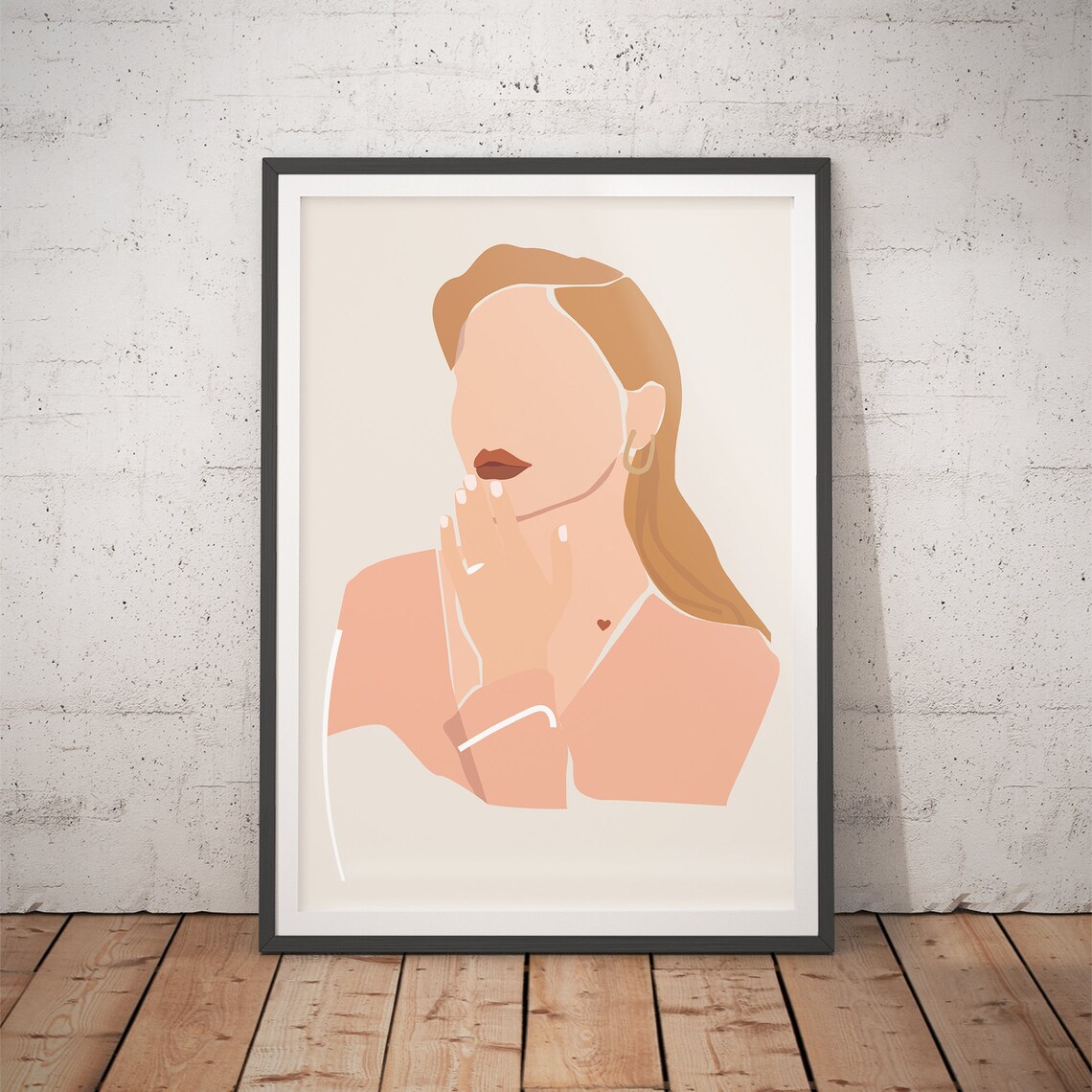 Faceless Blonde Woman Chin Rest Blush Tones Poster for Modern Home Decor