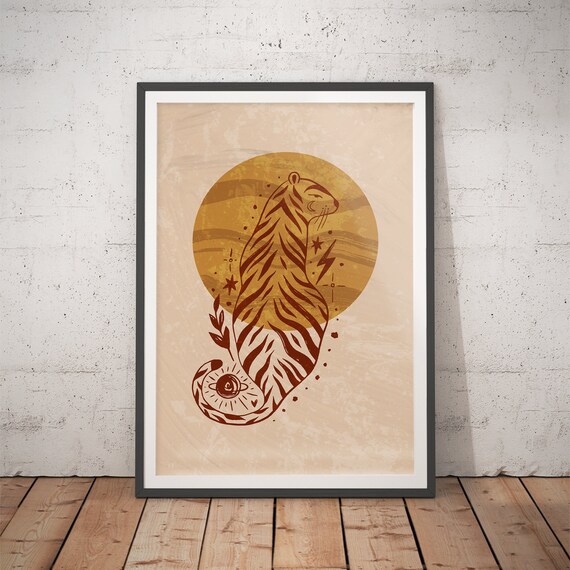Terracotta Tiger Silhouette before Golden Sun Disc Poster for Modern Home Decor